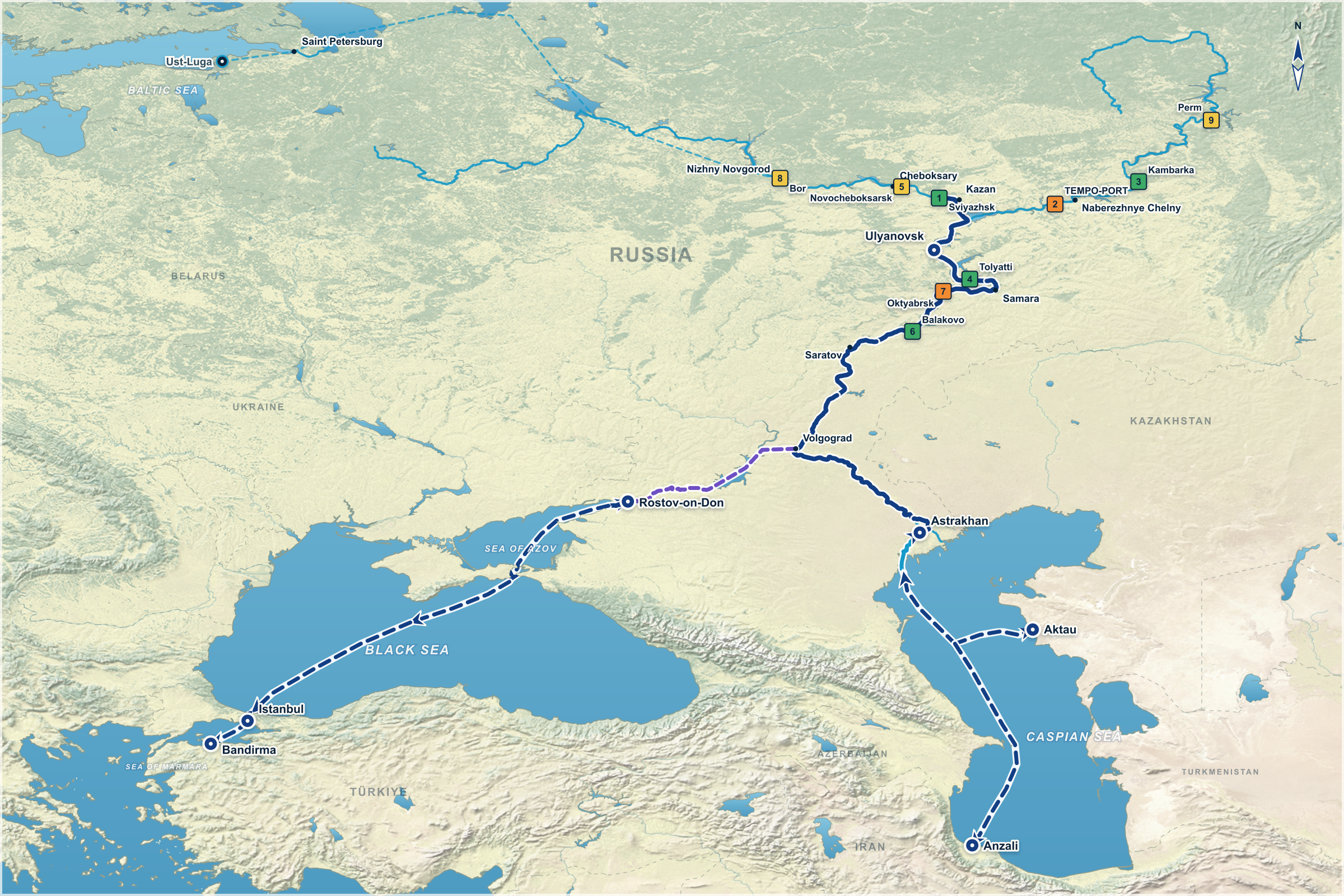 ARS geographic route map from Sviyazhsk through Ulyanovsk and Astrakhan to the Caspian, Black Sea and Sea of Marmara corridors